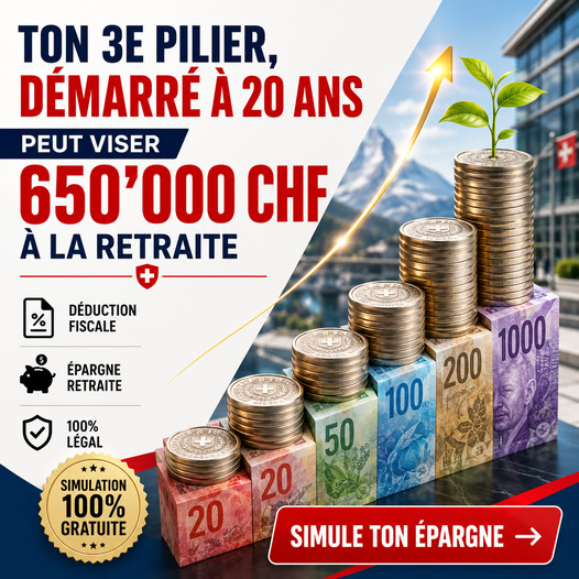 Tirelire et pièces en francs suisses posées sur des documents de prévoyance du 3e pilier avec une calculatrice